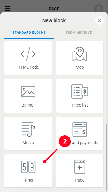 Choosing Timer on the list of Taplink blocks