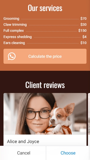 A price list on a pet salon’s website made with a Taplink template