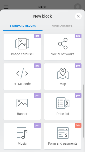 The list of blocks available on the Pro Taplink plan