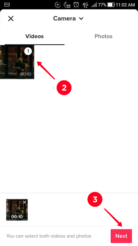 Choosing a video from the phone gallery and tapping Next