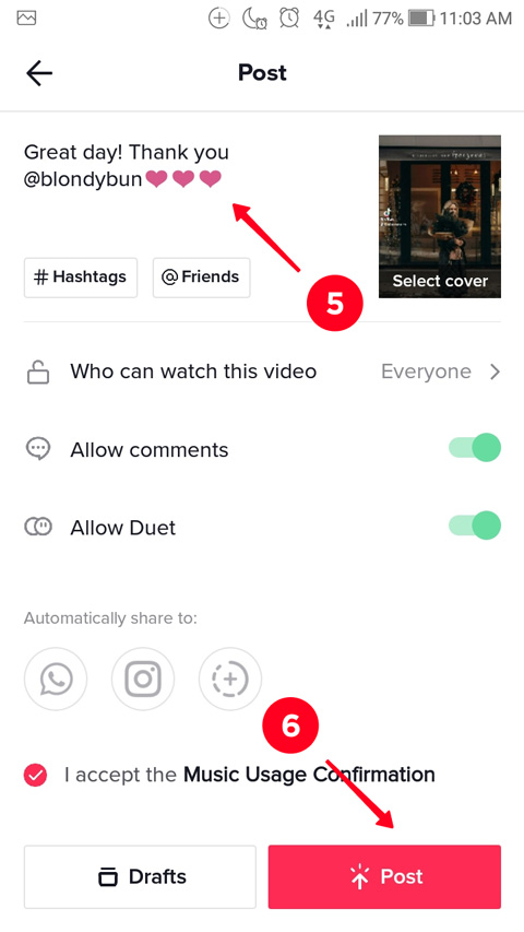Adding a TikTok video caption and tapping Post