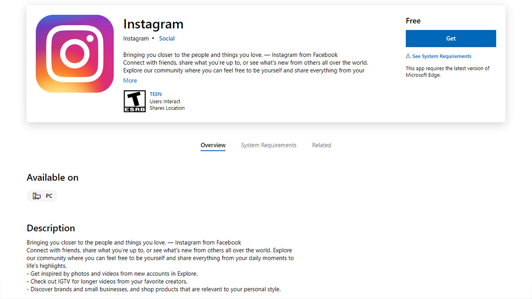 Instagram app page in Microsoft Store.